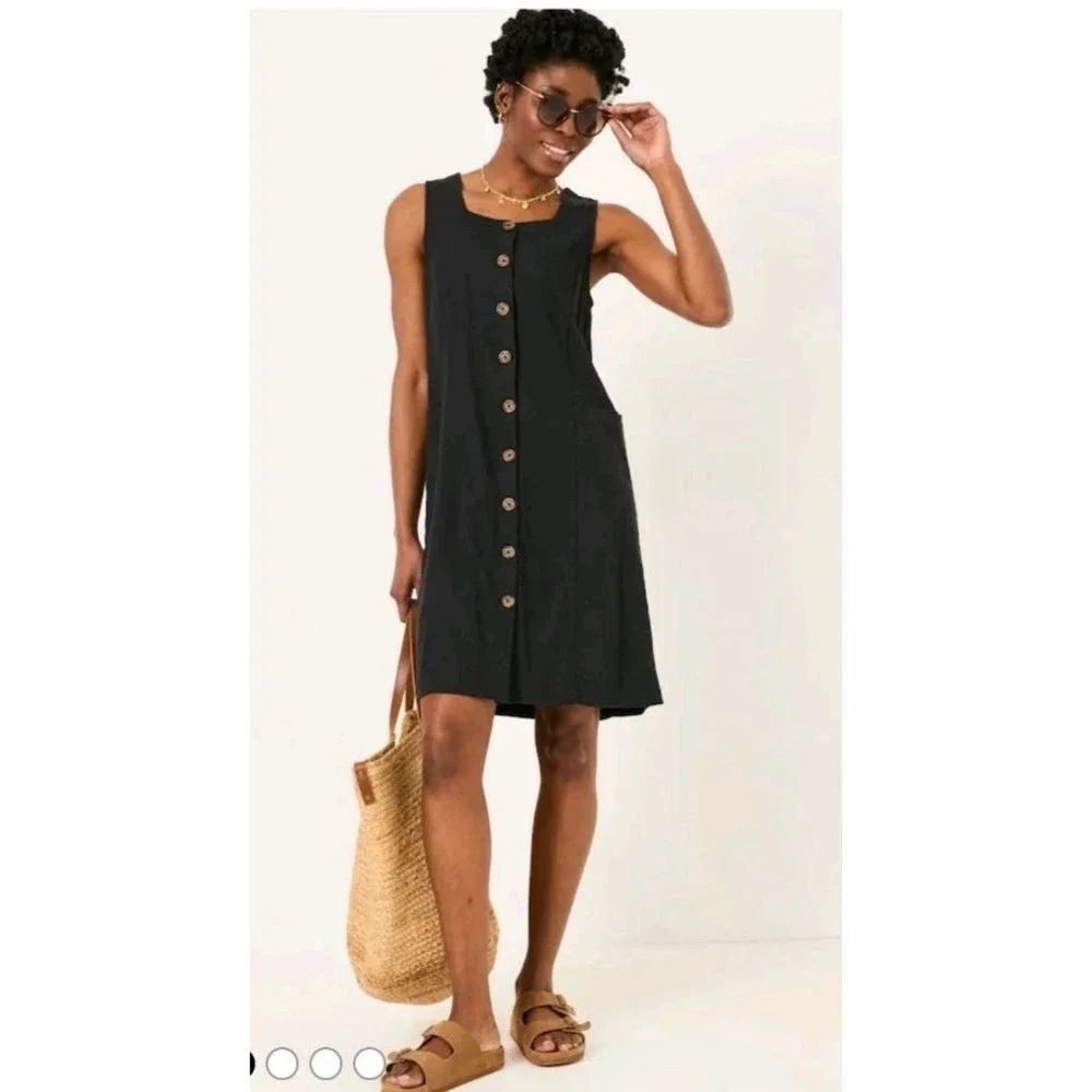 FatFace Binny Black Button Linen Dress Cottagecore L Quiet Luxury‎